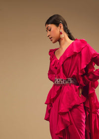 Hot Pink Saree With Ruffle Pallu, Stone Embellished Belt And A Ruffle Blouse With Side Cut Outs