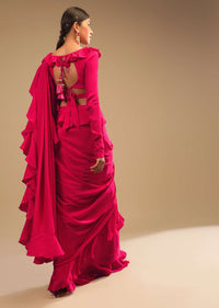 Hot Pink Saree With Ruffle Pallu, Stone Embellished Belt And A Ruffle Blouse With Side Cut Outs