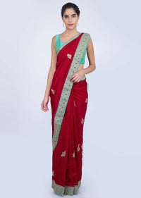 Hot red raw silk saree with cord embroidered butti and border only on kalki
