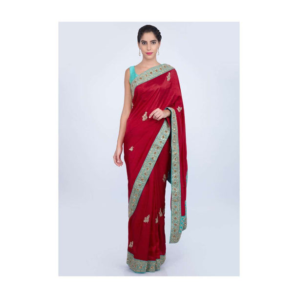 Hot red raw silk saree with cord embroidered butti and border only on kalki