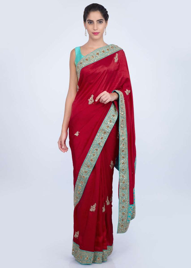 Hot red raw silk saree with cord embroidered butti and border only on kalki