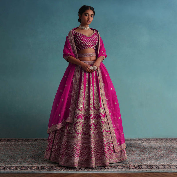 Hot Pink 14 Kali Embroidered Bridal Lehenga In Raw Silk With Embroidered Belt