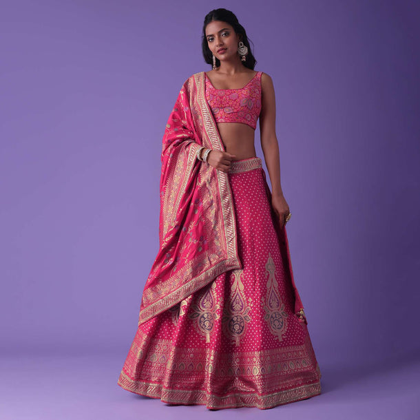 Hot Pink Bandhani Weave Silk Embroidered Lehenga