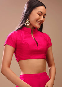 Hot Pink Blouse In Raw Silk With Mandarin Collar Neckline And Cap Sleeves