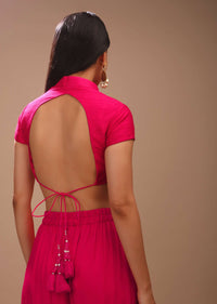 Hot Pink Blouse In Raw Silk With Mandarin Collar Neckline And Cap Sleeves