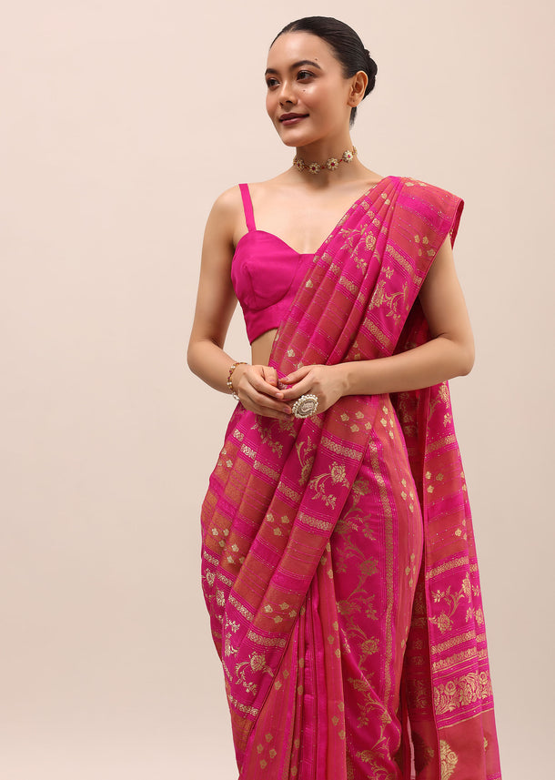 Hot Pink Brocade Silk Saree With Unstitched Blouse