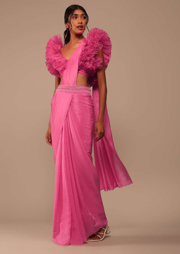 Hot Pink Crepe Indo-western Saree With Pearl Embroidered Belt