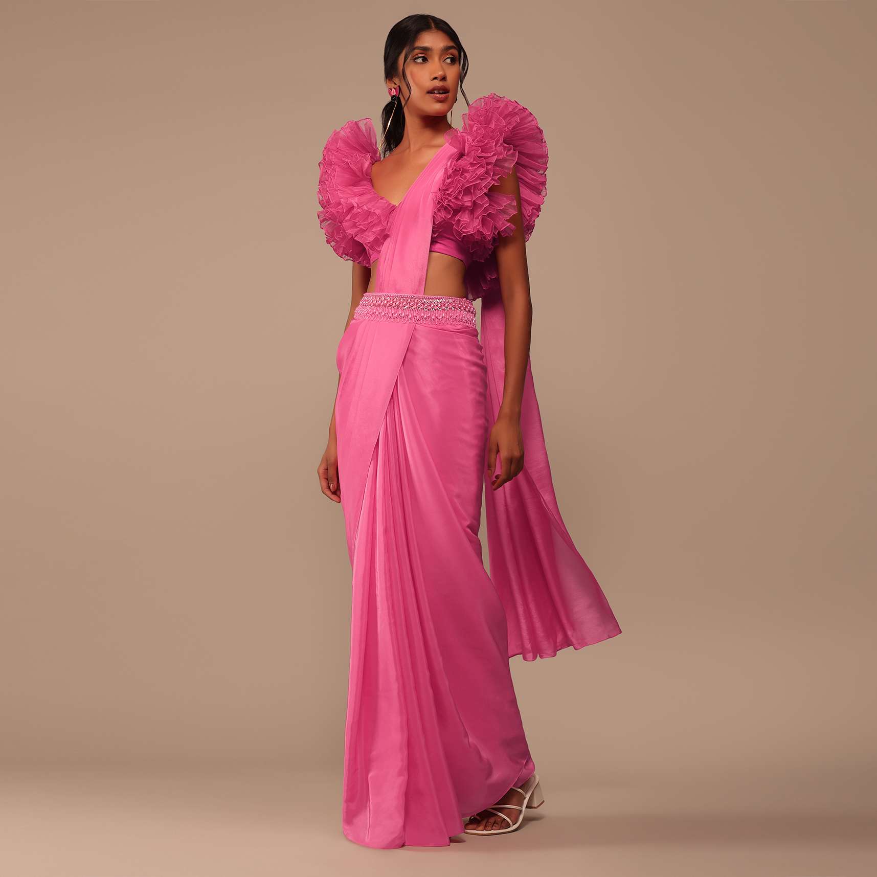 Hot Pink Crepe Indo-western Saree With Pearl Embroidered Belt
