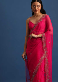 Hot Pink Cutdana Embroidered Saree With Unstitched Blouse