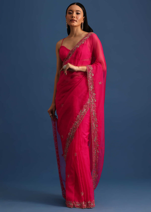 Hot Pink Cutdana Embroidered Saree With Unstitched Blouse