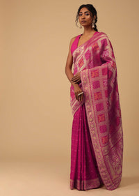 Hot Pink Dola Silk Banarasi Saree With Bandhani Waeve