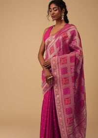 Hot Pink Dola Silk Banarasi Saree With Bandhani Waeve