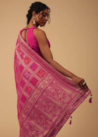 Hot Pink Dola Silk Banarasi Saree With Bandhani Waeve