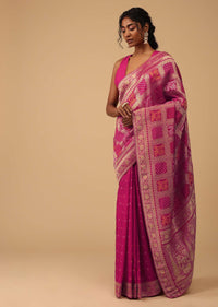 Hot Pink Dola Silk Banarasi Saree With Bandhani Waeve