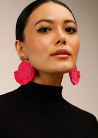Hot Pink Earrings With Gold And Pink Beads Embroidery And Thread Fringes