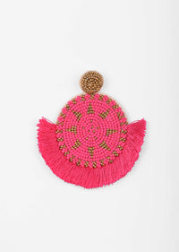 Hot Pink Earrings With Gold And Pink Beads Embroidery And Thread Fringes