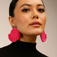 Hot Pink Earrings With Gold And Pink Beads Embroidery And Thread Fringes