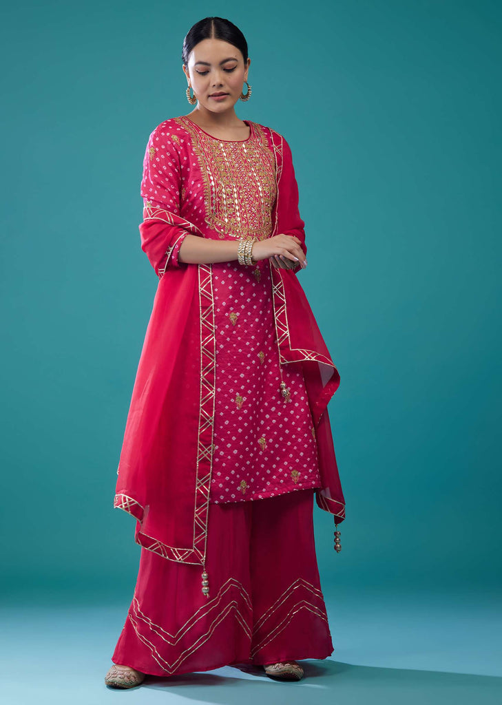 Hot Pink Embroidered Bandhani Palazzo Set In Silk