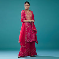 Hot Pink Embroidered Bandhani Palazzo Set In Silk