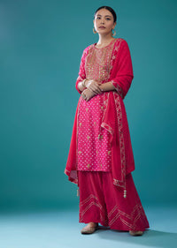 Hot Pink Embroidered Bandhani Palazzo Set In Silk