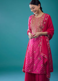 Hot Pink Embroidered Bandhani Palazzo Set In Silk