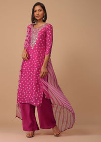 Hot Pink Embroidered Bandhani Printed Chanderi Palazzo Suit With Leheriya Dupatta