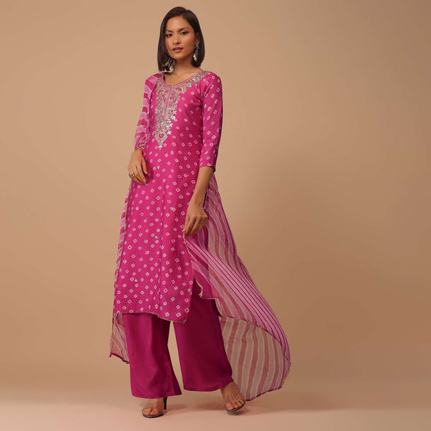 Hot Pink Embroidered Bandhani Printed Chanderi Palazzo Suit With Leheriya Dupatta