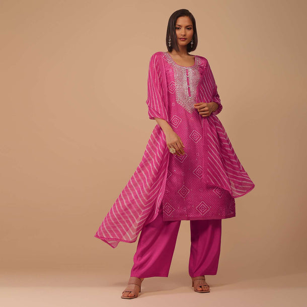 Hot Pink Embroidered Bandhani Printed Cotton Palazzo Suit With Leheriya Dupatta