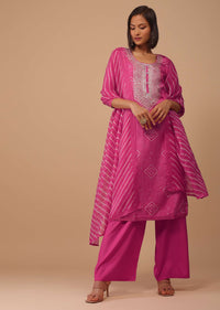Hot Pink Embroidered Bandhani Printed Cotton Palazzo Suit With Leheriya Dupatta