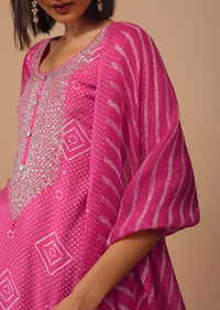 Hot Pink Embroidered Bandhani Printed Cotton Palazzo Suit With Leheriya Dupatta