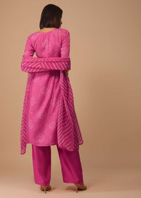 Hot Pink Embroidered Bandhani Printed Cotton Palazzo Suit With Leheriya Dupatta
