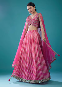 Hot Pink Embroidered Georgette Leheriya Lehenga Set