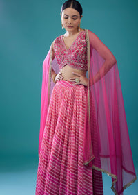 Hot Pink Embroidered Georgette Leheriya Lehenga Set