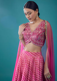 Hot Pink Embroidered Georgette Leheriya Lehenga Set