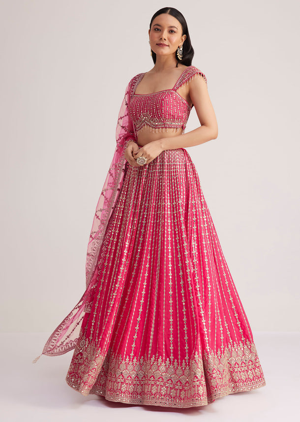 Hot Pink Embroidered Lehenga Set With Mirror Work