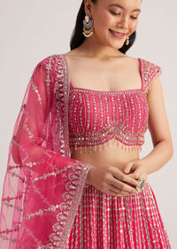 Hot Pink Embroidered Lehenga Set With Mirror Work