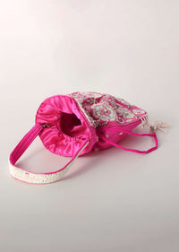Hot Pink Festive Potli In Raw Silk With Motif Details