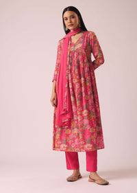 Hot Pink Floral Print Anarkali Set with Sequin Embellishments