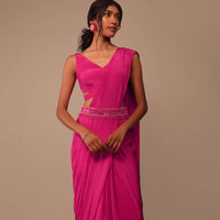 Hot Pink Indo-western Saree Set With Embroidered Belt