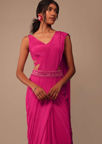 Hot Pink Indo-western Saree Set With Embroidered Belt