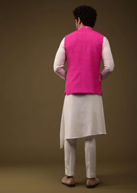 Hot Pink Jacket Kurta Set In Silk With Threadwork And High-Low Kurta