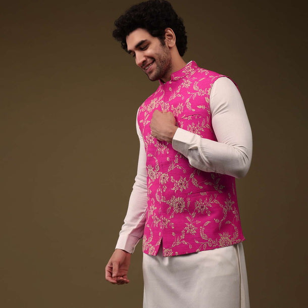 Hot Pink Jacket Kurta Set In Silk With Threadwork And High-Low Kurta