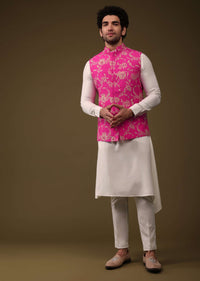 Hot Pink Jacket Kurta Set In Silk With Threadwork And High-Low Kurta