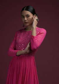 Hot Pink Jumpsuit In Georgette With Heavily Embroidered Bodice In Mirror Abla Work