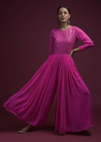 Hot Pink Jumpsuit In Georgette With Heavily Embroidered Bodice In Mirror Abla Work