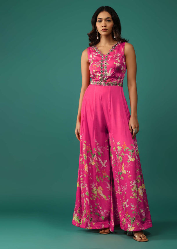 Hot Pink Jumpsuit In Mull Cotton With Embroidered Belt