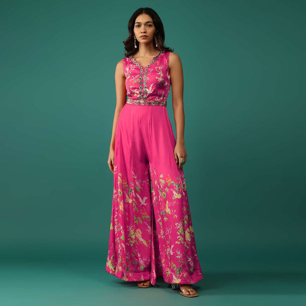 Hot Pink Jumpsuit In Mull Cotton With Embroidered Belt