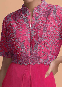 Hot Pink Jumpsuit With Georgette Layers On The Bottom And A Raw Silk Bodice Online - Kalki Fashion