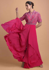 Hot Pink Jumpsuit With Georgette Layers On The Bottom And A Raw Silk Bodice Online - Kalki Fashion