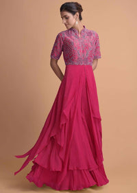 Hot Pink Jumpsuit With Georgette Layers On The Bottom And A Raw Silk Bodice Online - Kalki Fashion
